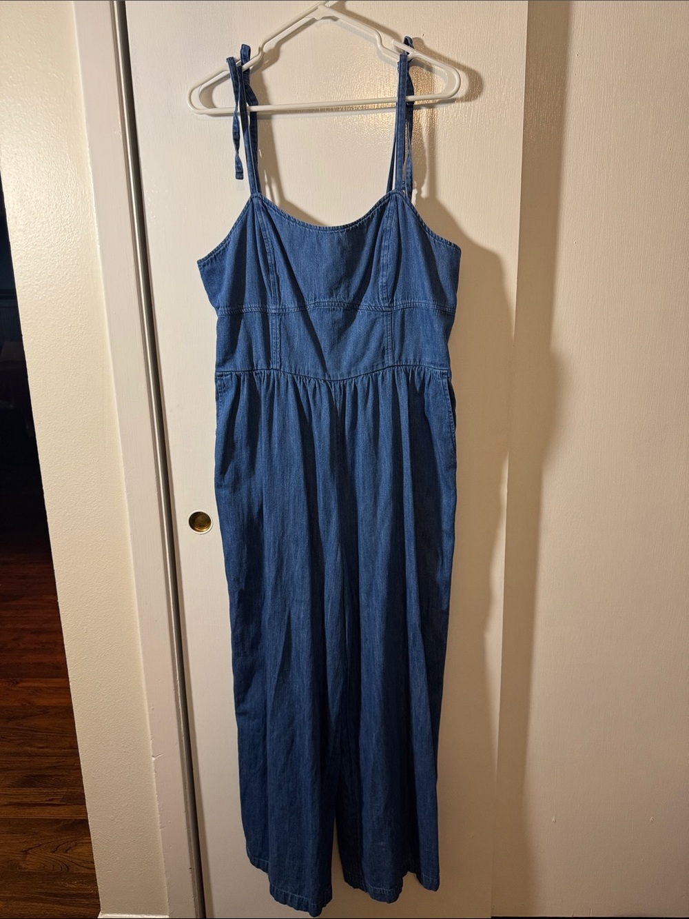 Old Navy Blue Denim Wide-Leg Jumpsuit with Tie Straps